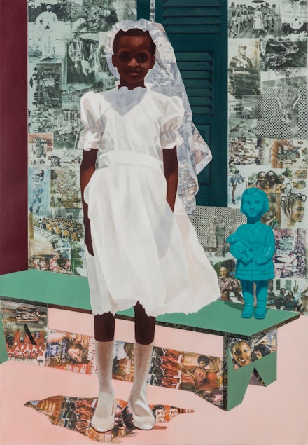 Njideka Akunyili Crosby, <em>“The Beautyful Ones” Series #4</em>, 2015. Acrylic, color pencil, and transfers on paper, 61 x 42 inches.Courtesy the artist.  Photo: Joshua White Photography.