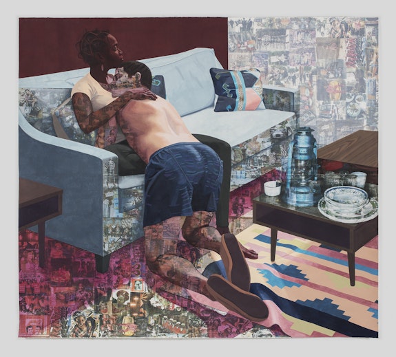 Njideka Akunyili Crosby, <em>Ike ya</em>, 2016. Acrylic, transfers, colored pencil, and charcoal on paper, 84 x 92 inches. Courtesy the artist. Photo: Brian Forrest.