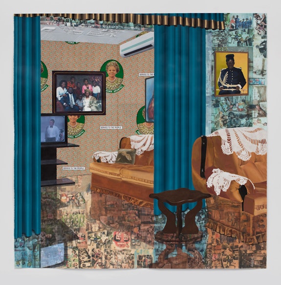 Njideka Akunyili Crosby, <em>Home: As You See Me</em>, 2017. Acrylic, transfers, colored pencil, charcoal, collage, and commemorative fabric on paper, 84 x 83 1/4 inches. Photo: Brian Forrest.