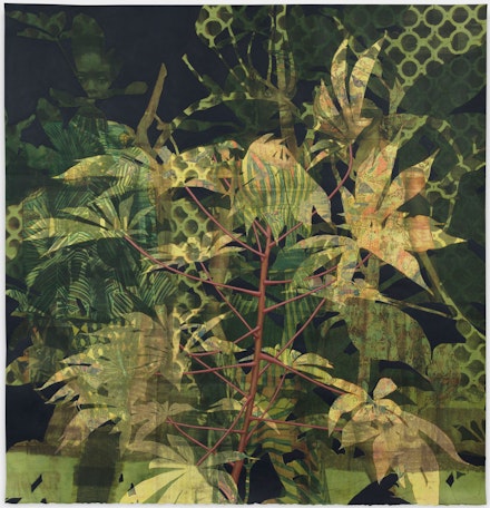 Njideka Akunyili Crosby, <em>Dwellers: Native One</em>, 2019. Acrylic, transfers, color pencil, and collage on paper, 61 7/8 x 59 3/4 inches. Courtesy the artist. Photo: Jeff Mclane.