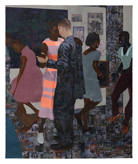 Njideka Akunyili Crosby, <em>When the Going Is Smooth and Good</em>, 2017. Acrylic, transfers, colored pencil, charcoal, and collage on paper, 101 x 83 1/2 inches. Courtesy the artist. Photo: Fredrik Nilsen Studio.
