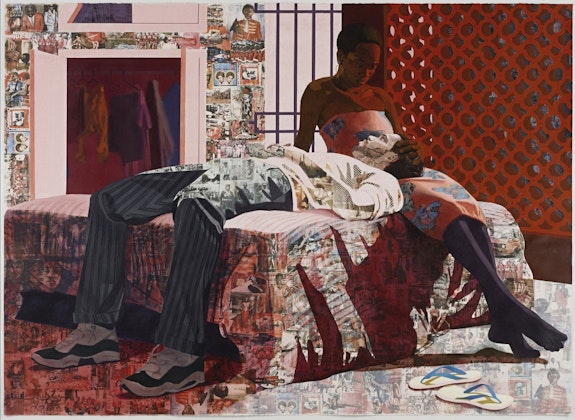 Njideka Akunyili Crosby, <em>Nwantinti</em>, 2012. Acrylic, pastel, charcoal, colored pencil, and Xerox transfers on paper, 68 x 96 inches. Courtesy the artist.