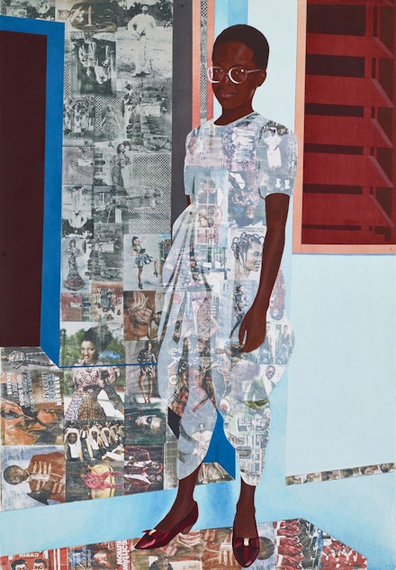 Njideka Akunyili Crosby, <em>“The Beautyful Ones” Series #1c</em>, 2014. Acrylic, transfers and colored pencil on paper, 60 x 42 inches. Courtesy the artist.