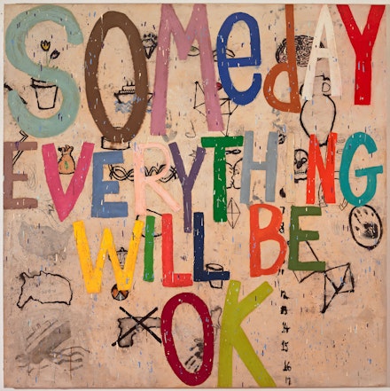Squeak Carnwath, <em>Will It</em>, 2020. Oil and alkyd on canvas over panel, 77 x 77 inches. Courtesy the artist. Photo: M. Lee Fatherree.