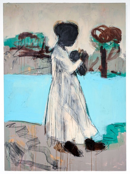 Ferrari Sheppard, <em>The Promise</em>, 2020. Acrylic and charcoal on canvas, 84 x 60 inches. Courtesy the artist and Wilding Cran Gallery.