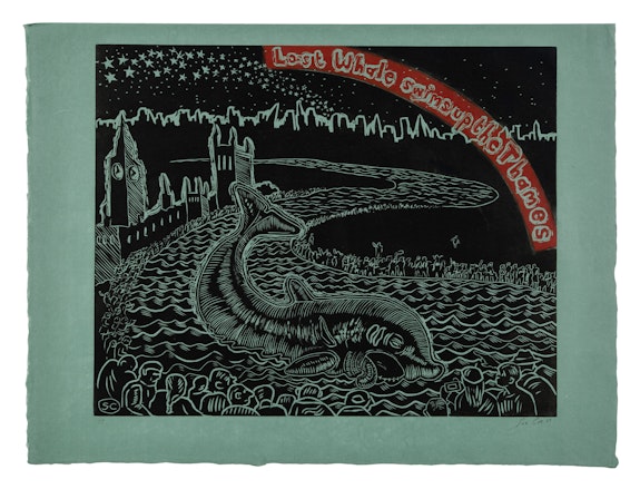 Sue Coe, <em>Lost Whale Swims Up the Thames</em>, 2006. Colored woodcut on natural Kitakata paper, signed and dated, lower right, and numbered, lower left, 15 7/8 x 19 7/8. From an estimated edition of 10 impressions. Courtesy Galerie St. Etienne.
