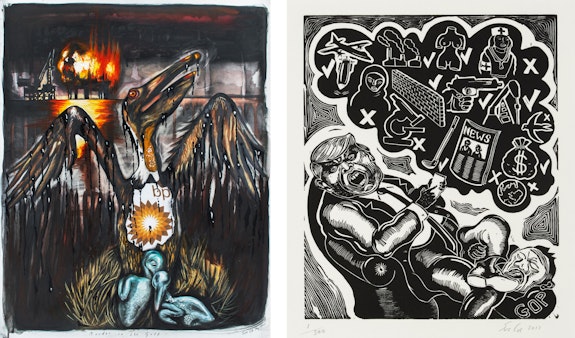 Left: Sue Coe, <em>Murder in the Gulf</em>, 2010. Graphite, gouache, watercolor and oil on heavy white Strathmore Bristol board, 29 x 23 inches. Right: <em>Tweeter in Chief</em>, 2017. Linocut on thin white Rives paper, 11 x 18 1/2 inches. Courtesy Galerie St. Etienne.