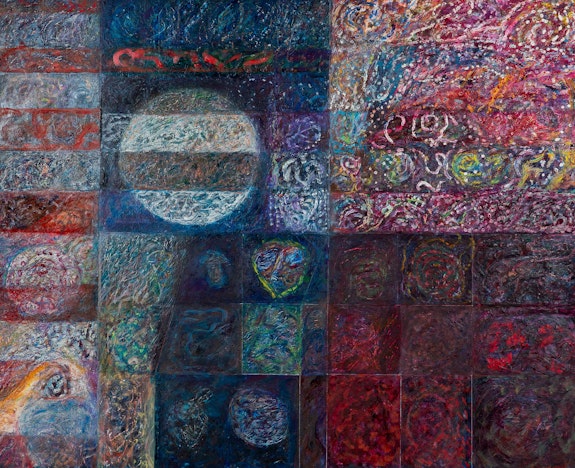 Joseph Holtzman, <em>Humpty Dumpty Nocturne, July 4,2017</em>, 2020. Oil on marble in artist's frame 35 1/2 x 44 1/4 inches, framed: 50 1/2 x 50 1/2 x 4 inches. All images are Courtesy of the artist and Parker Gallery. Photos by Daniel Terna.