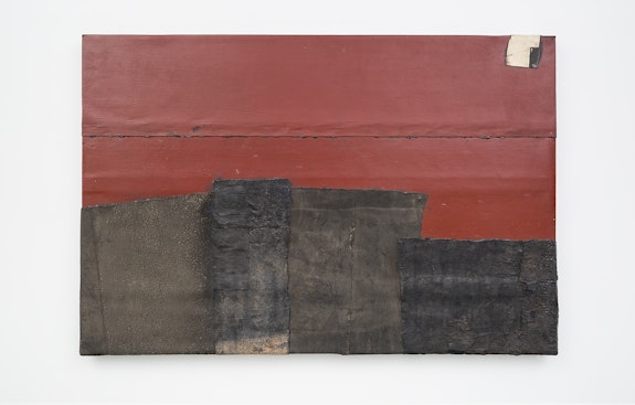 Theaster Gates, <em>Red City</em>, 2020. Industrial oil-based enamel, rubber torch down, bitumen, wood, and copper, 72 x 108 inches. © Theaster Gates. Photo: Jacob Hand. Courtesy Gagosian.