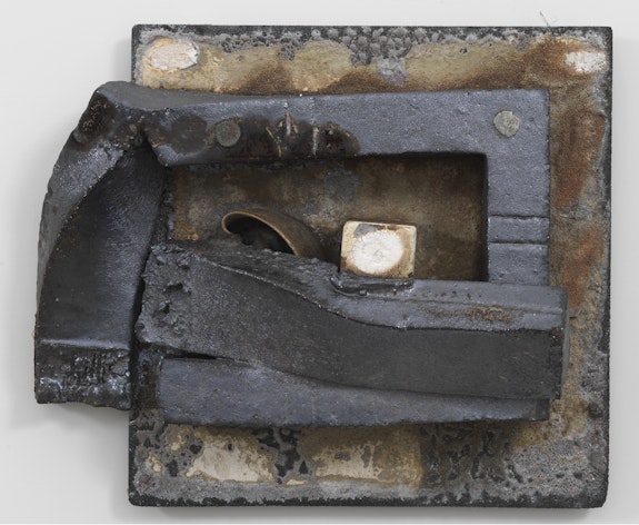 Theaster Gates,<em> Brick Reliquary - Tea Compression of Rectangle with Melted Bowl</em>, 2020. Stoneware tea bowl, kiln post, refractory clay, wood fired brick, wood ash, magnesium dioxide, black stain, and alumna carbide shelf, 18 x 22 x 9 inches. © Theaster Gates. Photo: Robert McKeever. Courtesy Gagosian.