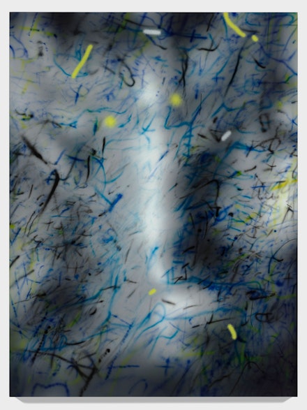 Julie Mehretu, <em>about the space of half an hour (R. 8:1) 3</em>, 2019–20. Ink and acrylic on canvas, 96 x 72 inches. Courtesy the artist and Marian Goodman Gallery. Photo: Tom Powel Imaging.