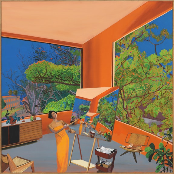 Hulda Guzmán, <em>Pintando la Almendra, </em>2020. Acrylic gouache on linen in artists frame, 45 x 45 inches. Courtesy Alexander Berggruen Gallery.