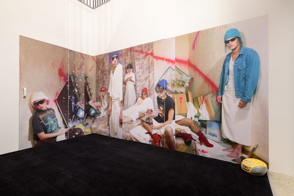 ART CLUB<em>2000</em>, <em>Kaputtmachen im Graz</em>, 1994. Printed vinyl, carpet, and boombox. Courtesy Artists Space. Photo: Filip Wolak.