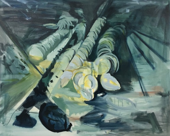 Elizabeth Schwaiger, <em>In The Depths</em>, 2019. Acrylic, watercolor, ink, and oil on canvas, 53 1/2 x 65 inches. Courtesy the artist and Jane Lombard Gallery.