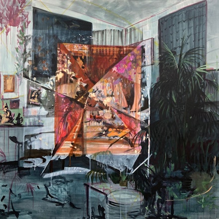 Elizabeth Schwaiger, <em>Doublethink</em>, 2020. Acrylic, watercolor, ink, and oil on canvas, 78 x 78 inches. Courtesy the artist and Jane Lombard Gallery.