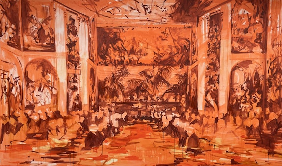 Elizabeth Schwaiger, <em>Palimpsest</em>, 2020. Acrylic, watercolor, and ink on canvas, 78 x 132 inches. Courtesy the artist and Jane Lombard Gallery.