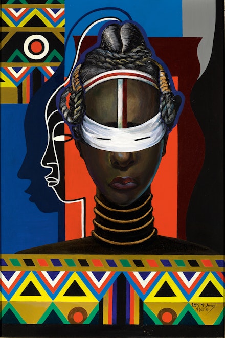 Loïs Mailou Jones, <em>Initiation Liberia</em>, 1983. Acrylic on canvas, 35 1/4 × 23 1/4 inches.Smithsonian American Art Museum, Washington, D.C., 2006.24.7. Bequest of the artist. Courtesy Loïs Mailou Jones Pierre-Noël Trust.