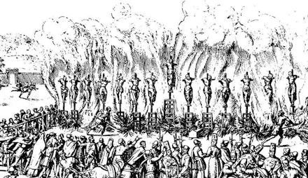 <em>Auto-da-fé</em> held at Valladolid Spain, 1559. Illustration by Jan Luykens.