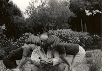 René Char in his garden, showing Matthew and Hilary Caws a sprig of lavender.