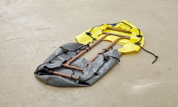 Bat-Ami Rivlin, <em>Untitled (grab lines, grab handles)</em>, 2021. Inflatable kayak grab handles, metal frame, 3 x 23 x 49 inches. Courtesy M 2 3, New York.