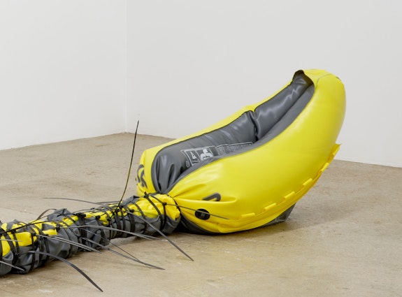 Bat-Ami Rivlin, <em>Untitled (inflatable kayak, zip ties)</em>, 2020. Inflatable kayak, zip ties, 20 x 18 x 110 inches. Courtesy M 2 3, New York.