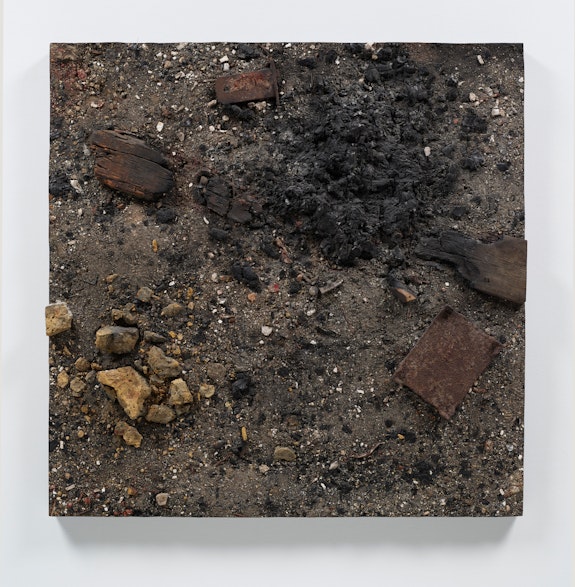 Boyle Family, <em>Demolition Fire Study with Lock and Trivet</em>, 1989. Mixed media, resin, fibreglass, 48 1/8 × 48 1/8 inches. © Boyle Fanily; Courtesy of the artist and Luhring Augustine, New York.