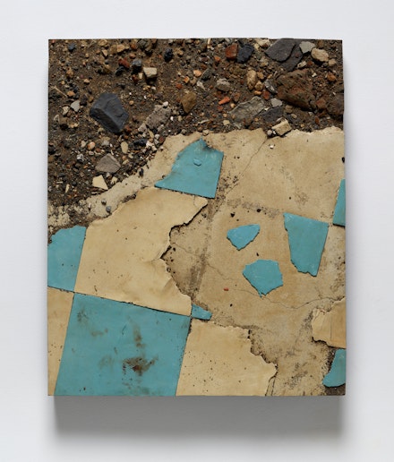 Boyle Family, <em>Study from the Japan Series with Broken Blue and White Linoleum and Debris, Miyazaki Prefecture</em>, 1990. Mixed media, resin, fibreglass, 35 7/8 × 29 7/8 inches. © Boyle Fanily; Courtesy of the artist and Luhring Augustine, New York.