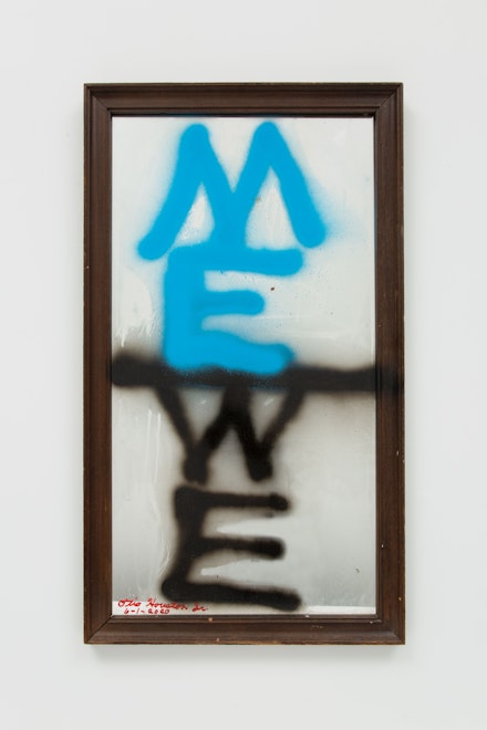 Otis Houston Jr., <em>ME/WE (Muhammad Ali)</em>, 2020. Spray paint and marker on found object, 32 1/4 x 18 3/8 x 1 inches. Courtesy Gordon Robichaux, NY. Photo: Greg Carideo.
