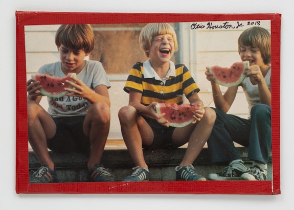 Otis Houston Jr., <em>Watermelon Man</em>, 2018. Found photograph, board, tape, marker, 11 x 16 inches. Courtesy Gordon Robichaux, NY. Photo: Greg Carideo.