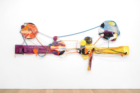 Rachel Eulena Williams, <em>Don't Have to Touch Me to Feel Me</em>, 2020. Silkscreen, acrylic paint, and dye on canvas, panel, and cotton rope, 67 x 143 x 3 inches. Courtesy the artist and Canada, New York. Photo: Joe DeNardo.