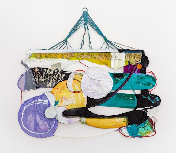 Rachel Eulena Williams, <em>Dark Clay</em>, 2021. Acrylic paint and dye on hammock, canvas and cotton rope, 67 3/8 x 74 1/8 x 2 3/8 inches. Courtesy the artist and the Modern institute, Glasgow.