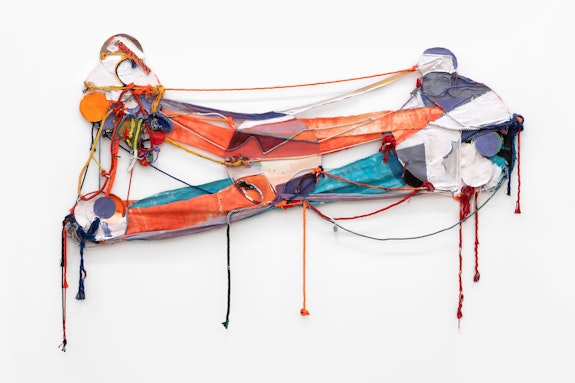 Rachel Eulena Williams, <em>Orange Blood</em>, 2020. Acrylic paint and dye on canvas, panel, and cotton rope, 60 x 98 x 3 inches. Courtesy the artist and Canada, New York. Photo: Joe DeNardo.
