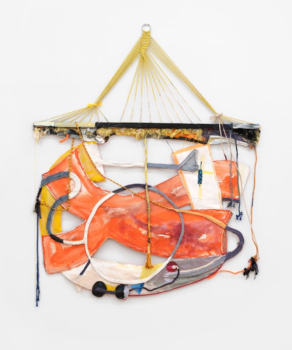 Rachel Eulena Williams, <em>Red Grey Clay</em>, 2020. Silkscreen on card, dye and acrylic paint on hammock, canvas and cotton rope, 72 x 62 x 3 inches. Courtesy the artist and Canada, New York. Photo: Joe DeNardo.