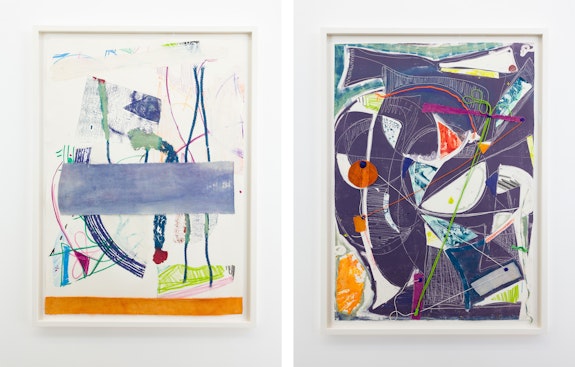 Left: Rachel Eulena Williams, <em>Collagraph (3)</em>, 2019. Etching ink and canvas on paper. Right: <em>Circuit</em>, 2019. Etching ink, canvas, and string on paper, 33 5/8 x 24 1/2  inches each. Courtesy the artist and the Modern Institute, Glasgow.