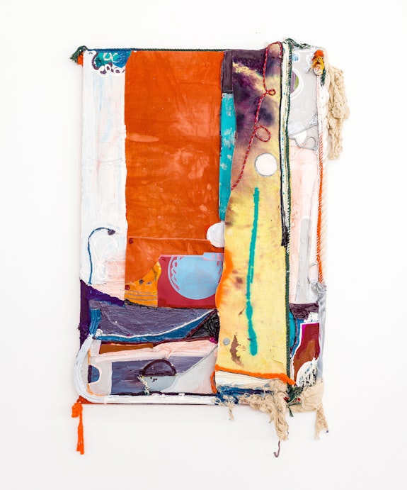 Rachel Eulena Williams, <em>Dawn</em>, 2021. Silkscreen on card, dye and acrylic paint on panel, canvas, and cotton rope, 74 1/8 x 47 1/4 x 5 7/8 inches. Courtesy the artist and the Modern Institute, Glasgow.