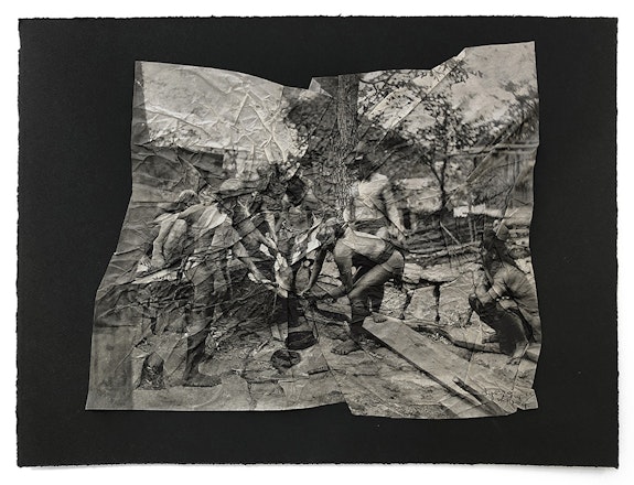 Stephanie Syjuco, <em>Afterimages (Obstruction of Vision)</em>, 2021. Photogravure printed on gampi mounted on Somerset black 280 gram cotton rag; re-edited photographs of an ethnological display of Filipinos from the 1904 St. Louis World’s Fair, 16 x 20 inches. Courtesy Catharine Clark Gallery.