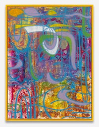 Keltie Ferris, <em>FEEEEELINGS</em>, 2020-21. Oil and watercolor on canvas in the artist's frame, 83 x 63 x 3 inches. © Keltie Ferris. Courtesy the artist and Mitchell-Innes & Nash, New York. Photo: Mark Woods.