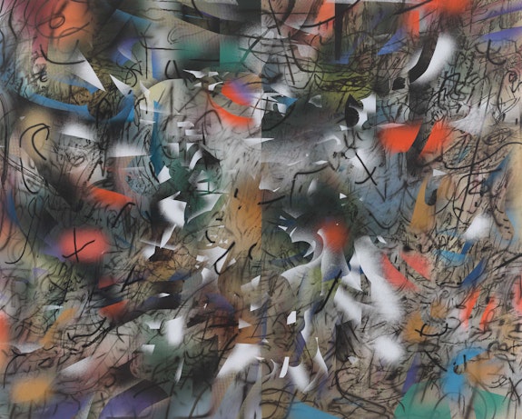 Julie Mehretu, <em>Haka (and Riot)</em>, 2019. Ink and acrylic on canvas, 144 x 180 inches. Los Angeles County Museum of Art; gift of Andy Song. Photo: Tom Powel Imaging. © Julie Mehretu.