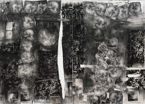 Catalina Chervin, <em>Untitled I (Street Art Series)</em>, 2014–16. Mixed media on paper mounted on canvas (diptych), 78 3/4 x 118 1/8 inches. Courtesy Hutchinson Modern & Contemporary. 