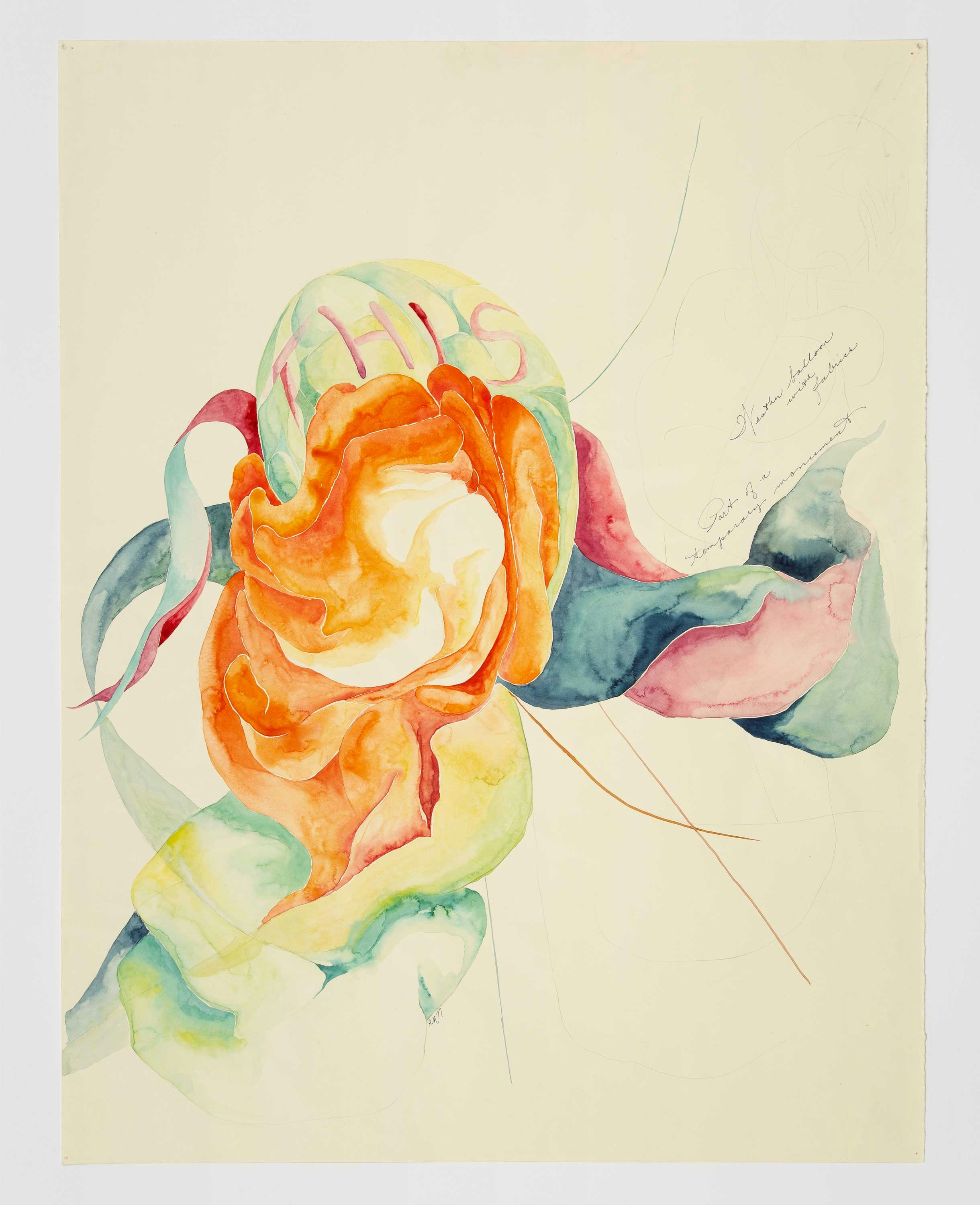 Rosemary Mayer, <em>Spell</em>, 1977. Watercolor, ink, and graphite on paper, 26 x 20 inches. Courtesy Gordon Robichaux, NY. Photo: Greg Carideo.