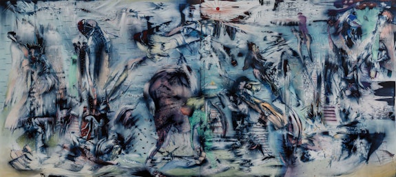 Ali Banisadr, <em>The Messenger</em>, 2021. Oil on linen, 72 x 160 inches. Courtesy Kasmin Gallery, New York.