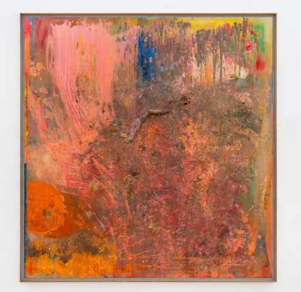 Frank Bowling, <em>Piano to Guyana</em>, 2004. Acrylic, acrylic gel and found objects on canvas with marouflage, 87 3/4 x 83 7/8 inches. Photo: Thomas Barratt. © Frank Bowling. Courtesy the artist and Hauser & Wirth.
