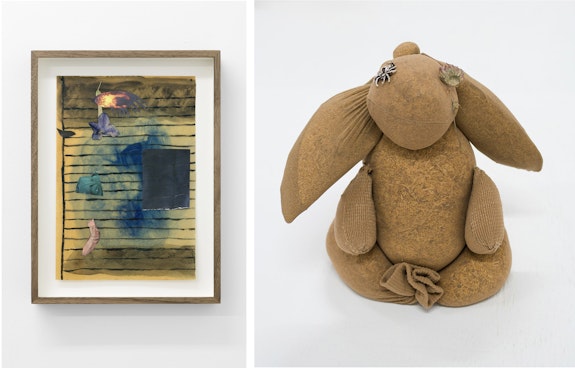 Left: Gabrielle L'Hirondelle Hill, <em>Spell #6</em>, at the bus stop, 2019. Tobacco-infused Crisco oil, oil paint, magazine cutouts, and tobacco flower on paper, 13 x 9 3/4 inches. Collection Denis Walz. Courtesy the artist and Unit 17, Vancouver, and Cooper Cole, Toronto © Gabrielle L'Hirondelle Hill.Right: Gabrielle L'Hirondelle Hill, <em>Cousin</em>, 2019. Pantyhose, tobacco, thistle, spider charm, dandelion, and thread, 6 x 4 x 7 1/16 inches. Private Collection, Vancouver. Courtesy the artist and Unit 17, Vancouver, and Cooper Cole, Toronto © Gabrielle L'Hirondelle Hill.
