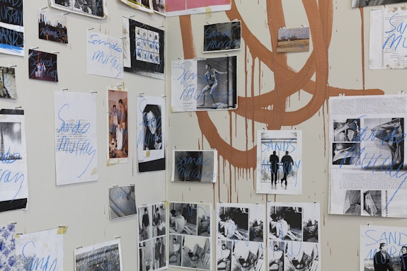 Sands Murray-Wassink, <em>Signature Collage (detail)</em>, 1993–95. Installation of 82 signed ephemeral objects, 1993–present. Oil crayon and mixed media on various paper materials (xeroxes, A4 paper, handprinted black and white photographs, color photo prints, and agnès b. bag), overall: 112 1/5 x 187 inches. Photo: Charlott Markus.