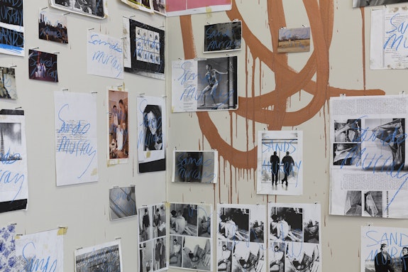 Sands Murray-Wassink, <em>Signature Collage (detail)</em>, 199395. Installation of 82 signed ephemeral objects, 1993present. Oil crayon and mixed media on various paper materials (xeroxes, A4 paper, handprinted black and white photographs, color photo prints, and agnès b. bag), overall: 112 1/5 x 187 inches. Photo: Charlott Markus.