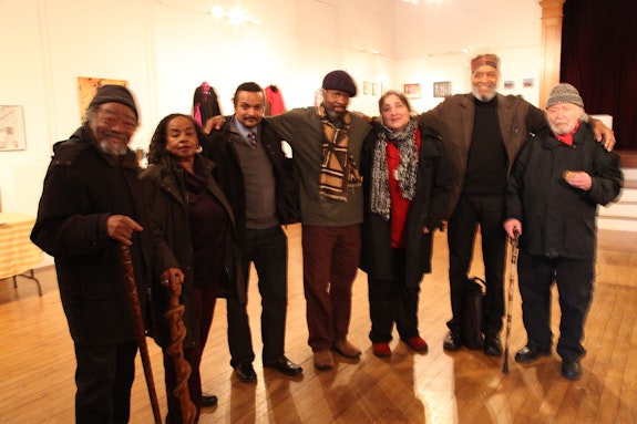 From the left: Askia Touré, Brenda Walcott, Tony Medina, Tontongi, Jill Netchinsky, Everett Hoagland, and Aldo Tambellini in New Bedford in 2012. Photo: Jose A. Soler.