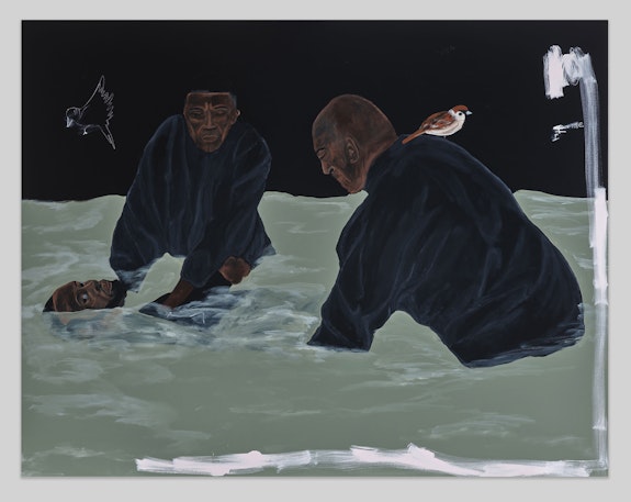 Jammie Holmes, <em>Blame The Man</em>, 2021. Acrylic and oil pastels on canvas 70 1/8 x 90 inches. Courtesy Library Street Collective, Detroit.