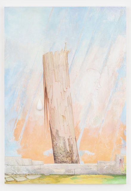 Monika Baer, <em>Yet to be titled</em>, 2020. Oil, acrylic, crayon and rigid foam on canvas, 90 x 62 inches. Courtesy the artist; Galerie Barbara Weiss, Berlin; and Greene Naftali, New York.