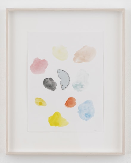 Monika Baer, <em>Loose change 2</em>, 2021. Watercolor, chrome-plated saw blade fragment and screws on paper, 15 3/4 x 11 3/4 inches. Courtesy the artist; Galerie Barbara Weiss, Berlin; and Greene Naftali, New York.