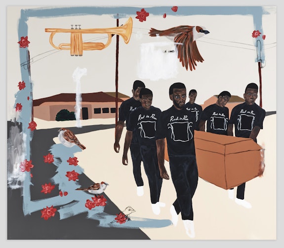 Jammie Holmes, <em>Carrying Caskets #1</em>, 2021. Acrylic and oil pastels on canvas, 79 1/8 x 90 1/4 inches. Courtesy Library Street Collective, Detroit.